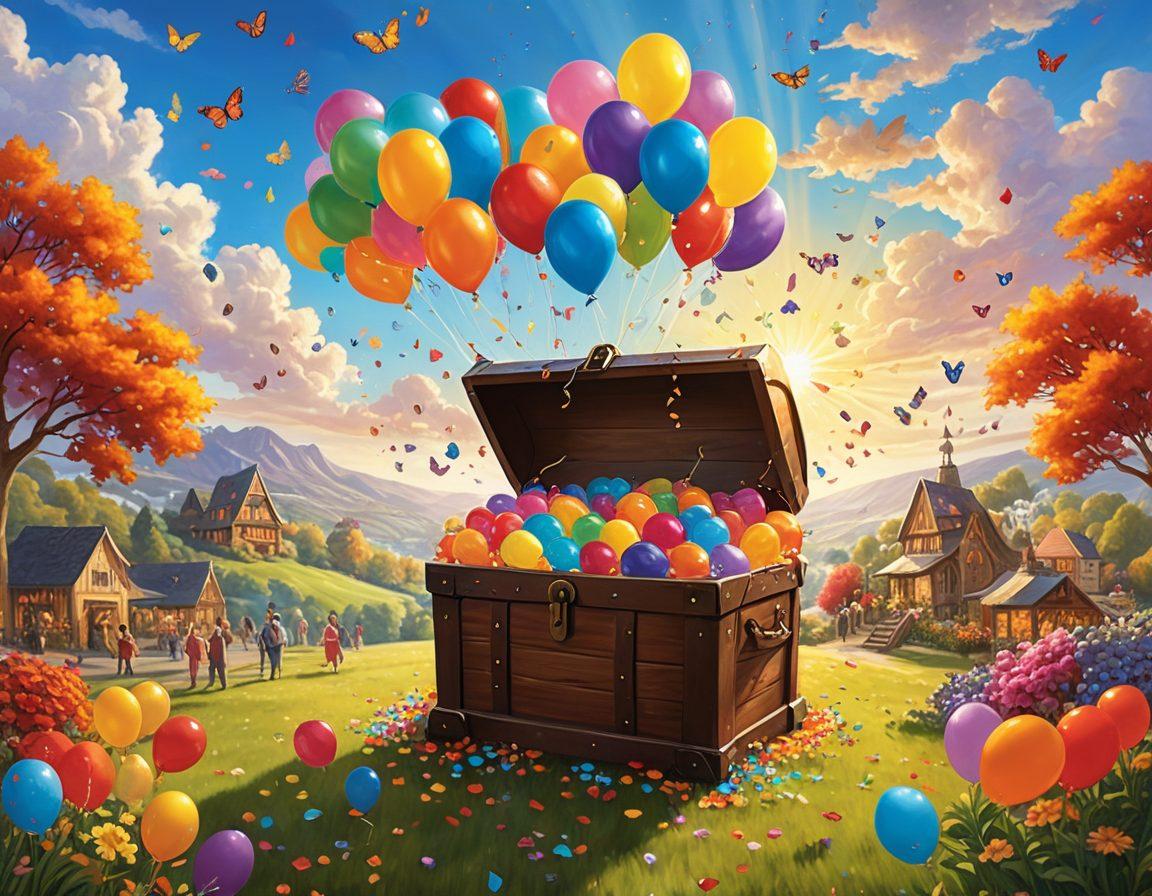 A vibrant landscape showcasing a treasure chest overflowing with delightful, free gifts like colorful balloons, gourmet treats, and joyful surprises. In the background, a bright sun and cheerful clouds add to the uplifting atmosphere, with people of diverse backgrounds celebrating around the chest. Include whimsical elements like butterflies and confetti to enhance the feeling of joy. bright and colorful. super-realistic. sunny background.