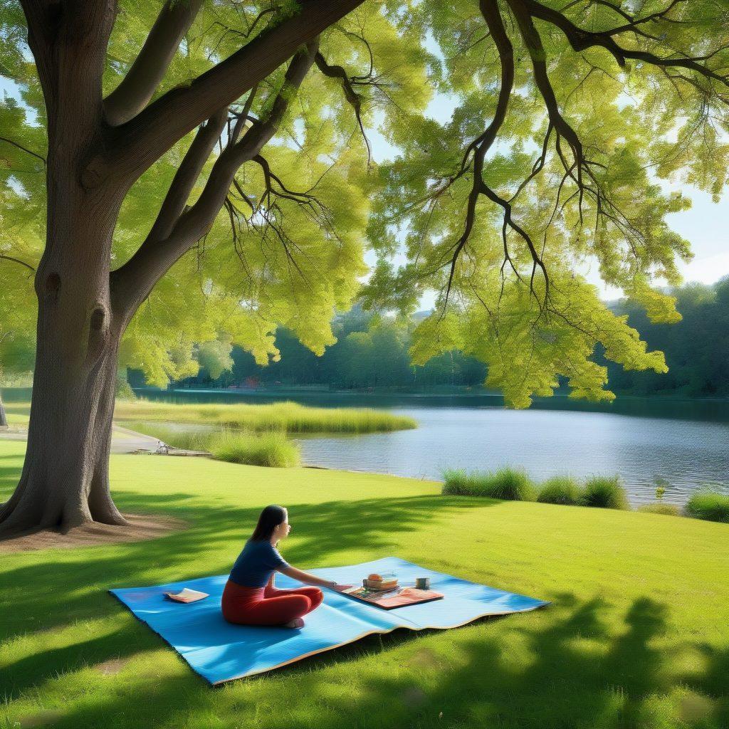 A serene landscape featuring a tranquil park with diverse individuals engaging in joyful activities like yoga, reading, and picnicking, all surrounded by nature. Include colorful trees, a clear sky, and a peaceful lake reflecting the sunlight to symbolize relaxation and wellbeing. Elements that suggest resourcefulness, such as free books and community bulletin boards, can be subtly integrated. vibrant colors. super-realistic. natural lighting.