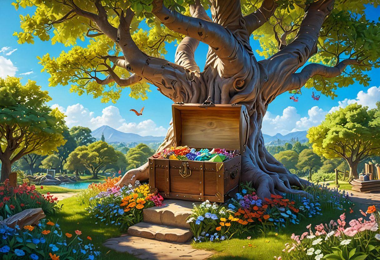 A whimsical scene featuring an open treasure chest overflowing with colorful gems and resources symbolizing happiness, such as books, meditation tools, and art supplies. Sunlight cascades through tree branches, illuminating the chest, while joyful characters of diverse backgrounds gather around, embracing joy and discovery. The background features a serene park setting with vibrant flowers and a clear blue sky. whimsical art style. vibrant colors. 3D.